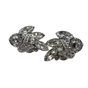 Eisenberg Ice Crystal Marquise Leaf Cluster Clip On Earrings Silver Tone vintage
